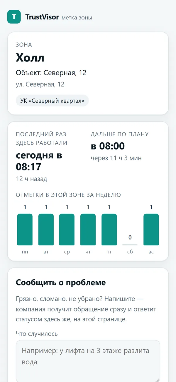 Страница зоны с телефона жителя: последняя работа, план и неделя отметок — с отметками из приложения 1